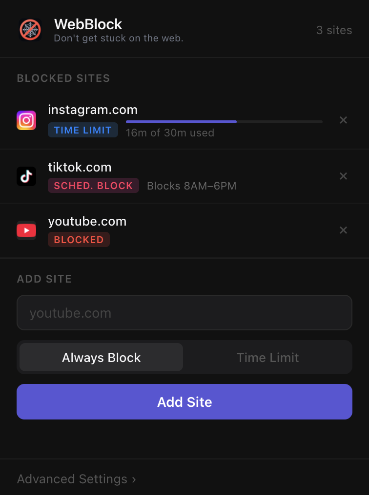 WebBlock dashboard showing blocked sites, time limits, and actions